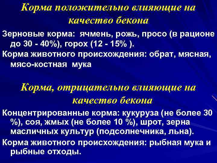 Корма положительно влияющие на качество бекона Зерновые корма: ячмень, рожь, просо (в рационе до