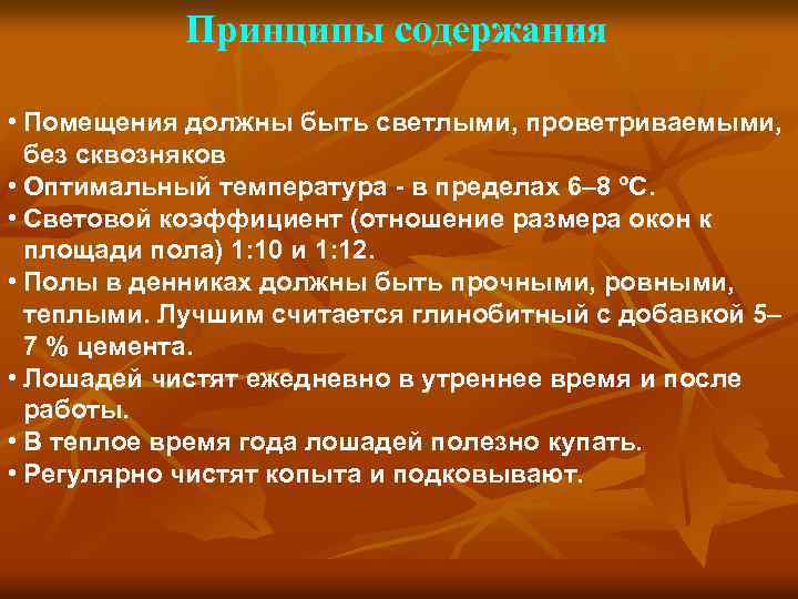 Принципы содержания • Помещения должны быть светлыми, проветриваемыми, без сквозняков • Оптимальный температура -