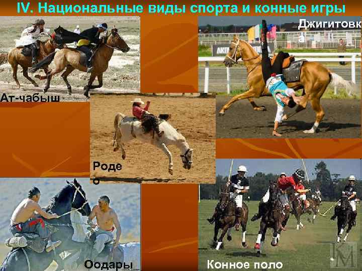 IV. Национальные виды спорта и конные игры Джигитовк а Ат-чабыш Роде о Оодары Конное