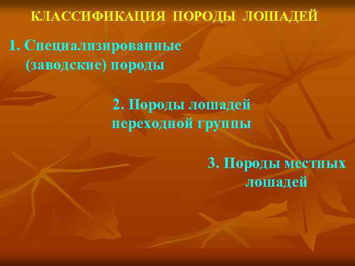 КЛАССИФИКАЦИЯ ПОРОДЫ ЛОШАДЕЙ 1. Специализированные (заводские) породы 2. Породы лошадей переходной группы 3. Породы
