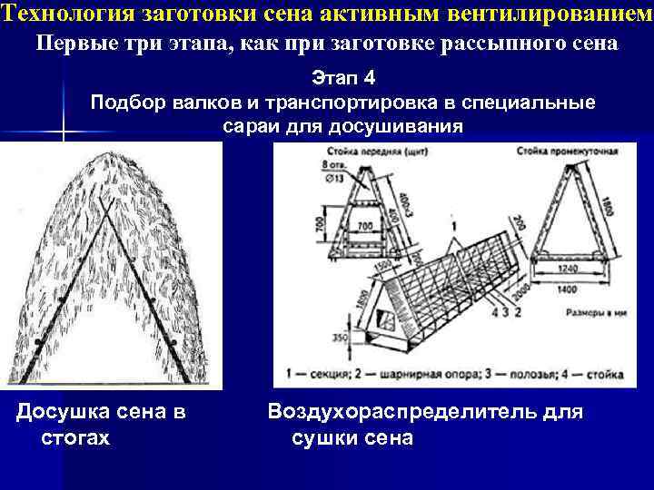 Технология заготовки сена активным вентилированием Первые три этапа, как при заготовке рассыпного сена Этап
