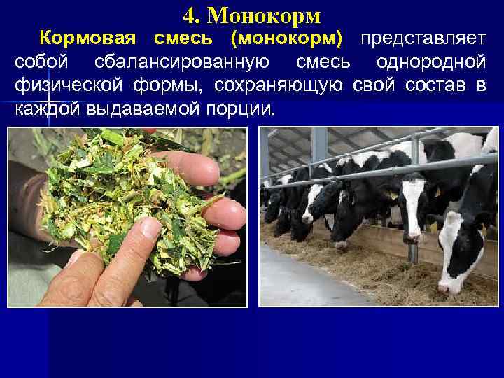 4. Монокорм Кормовая смесь (монокорм) представляет собой сбалансированную смесь однородной физической формы, сохраняющую свой