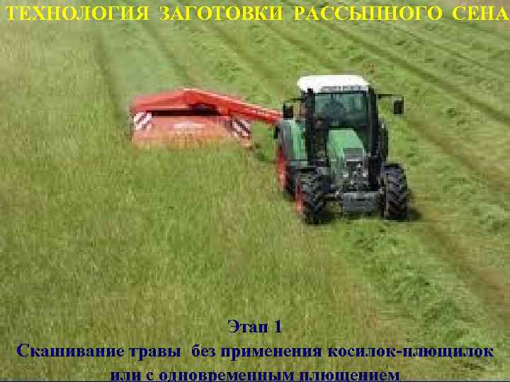 ТЕХНОЛОГИЯ ЗАГОТОВКИ РАССЫПНОГО СЕНА Этап 1 Скашивание травы без применения косилок-плющилок или с одновременным