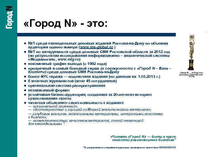  «Город N» - это: l № 1 среди еженедельных деловых изданий Ростова-на-Дону по