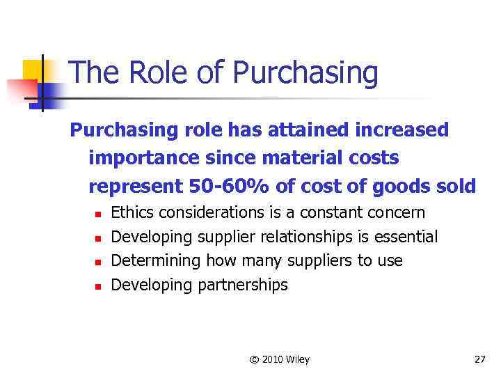 The Role of Purchasing role has attained increased importance since material costs represent 50