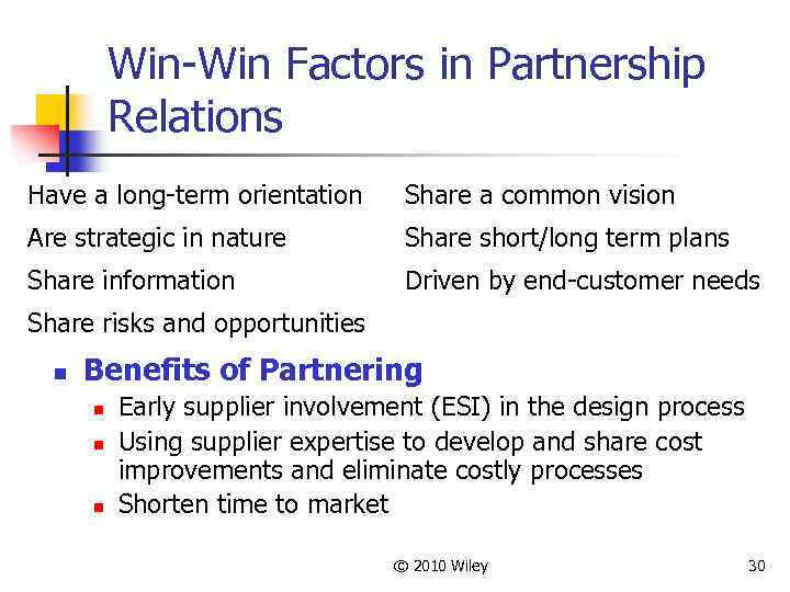 Win-Win Factors in Partnership Relations Have a long-term orientation Share a common vision Are
