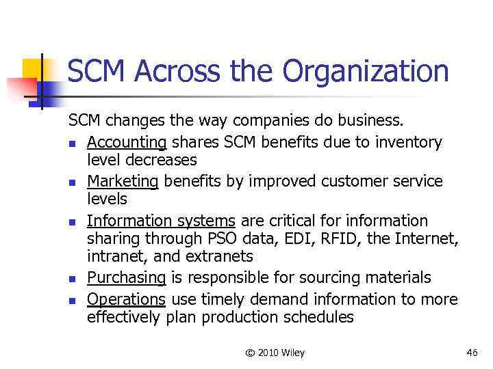 SCM Across the Organization SCM changes the way companies do business. n Accounting shares