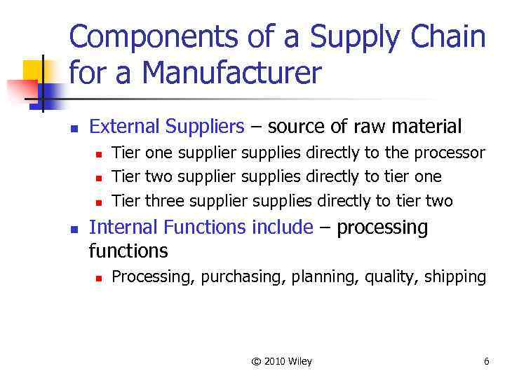 Components of a Supply Chain for a Manufacturer n External Suppliers – source of