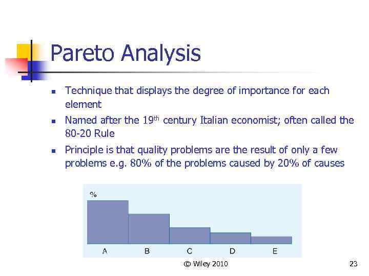 Pareto Analysis n n n Technique that displays the degree of importance for each