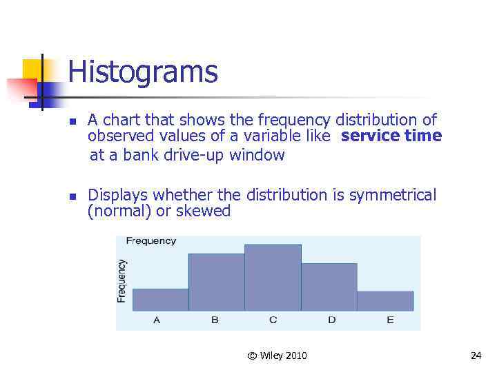 Histograms n n A chart that shows the frequency distribution of observed values of