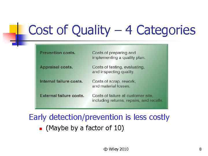 Cost of Quality – 4 Categories Early detection/prevention is less costly n (Maybe by