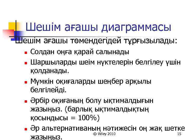 Шешім ағашы диаграммасы Шешім ағашы төмендегідей тұрғызылады: n n n Солдан оңға қарай салынады