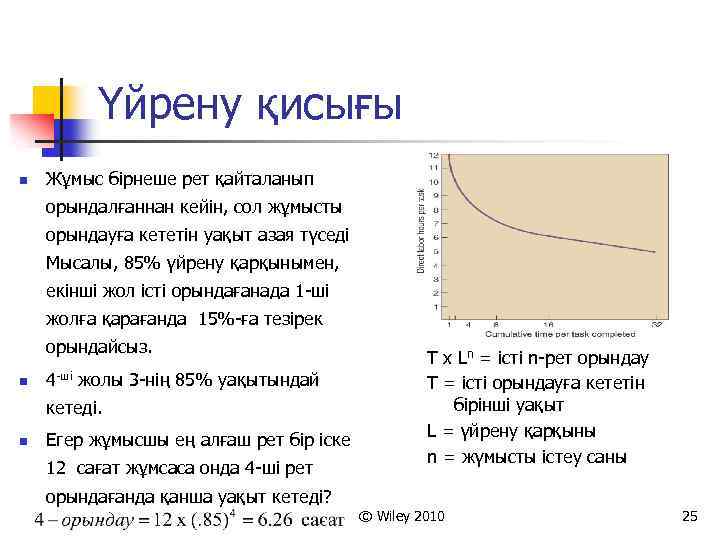 Үйрену қисығы n Жұмыс бірнеше рет қайталанып орындалғаннан кейін, сол жұмысты орындауға кететін уақыт