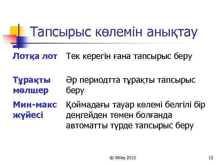 Тапсырыс көлемін анықтау Лотқа лот Тек керегін ғана тапсырыс беру Тұрақты мөлшер Әр периодтта