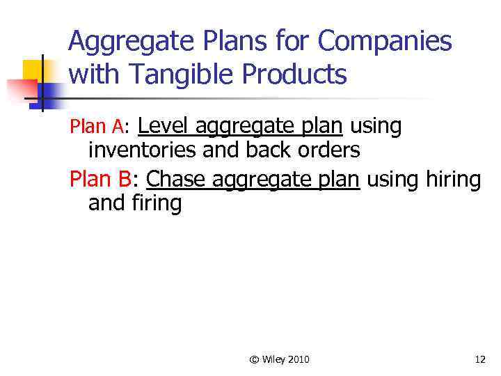Aggregate Plans for Companies with Tangible Products Plan A: Level aggregate plan using inventories