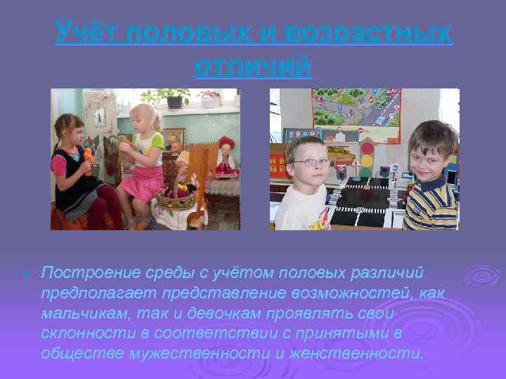 Учёт половых и возрастных отличий Ø Построение среды с учётом половых различий предполагает представление