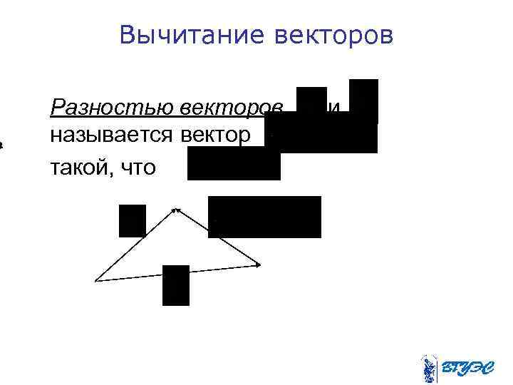 Вычитание векторов Разностью векторов называется вектор такой, что и 