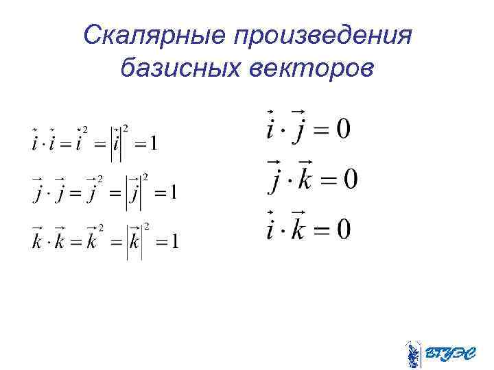 Скалярные произведения базисных векторов 