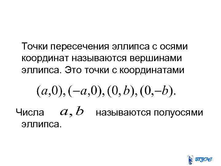 Точки пересечения эллипса с осями координат называются вершинами эллипса. Это точки с координатами Числа