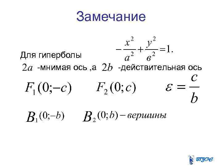 Замечание Для гиперболы -мнимая ось , а -действительная ось 