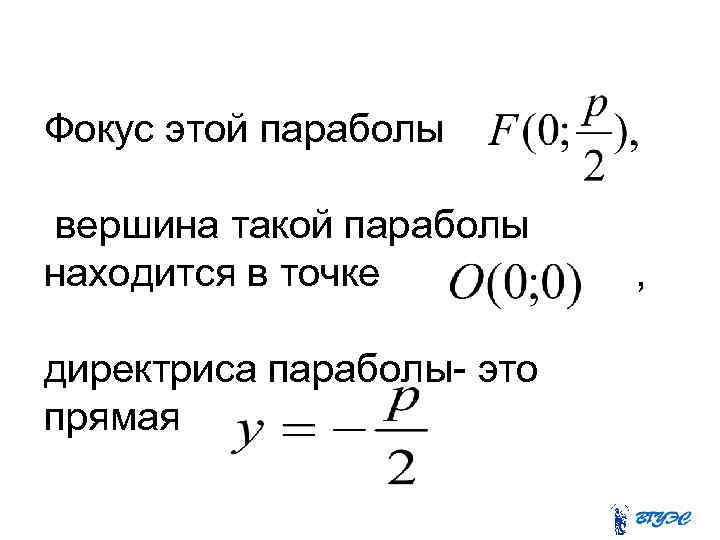 Фокус этой параболы вершина такой параболы находится в точке директриса параболы- это прямая ,