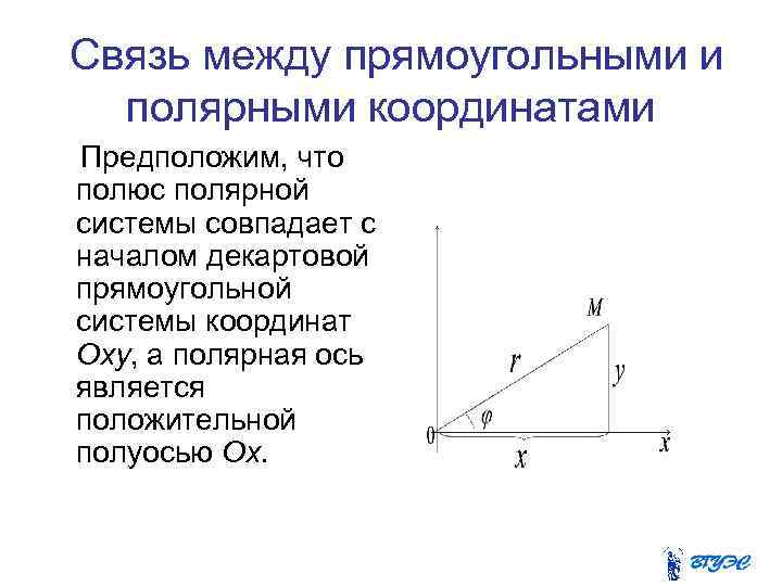 Связь между прямоугольными и полярными координатами Предположим, что полюс полярной системы совпадает с началом