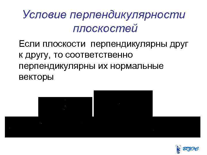 Условие перпендикулярности плоскостей Если плоскости перпендикулярны друг к другу, то соответственно перпендикулярны их нормальные