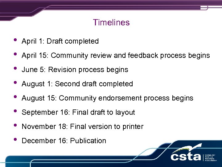 Timelines • • April 1: Draft completed April 15: Community review and feedback process