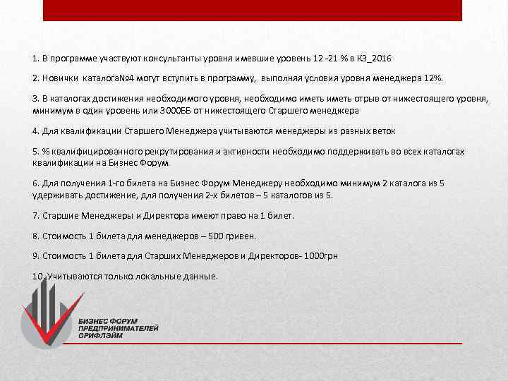 1. В программе участвуют консультанты уровня имевшие уровень 12 -21 % в К 3_2016