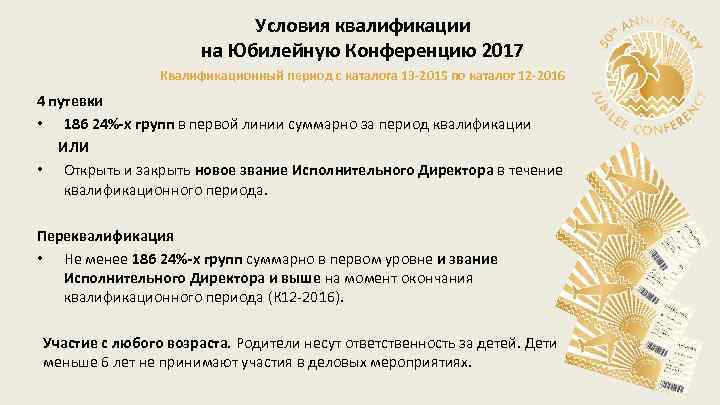 Условия квалификации на Юбилейную Конференцию 2017 Квалификационный период с каталога 13 -2015 по каталог