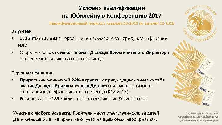 Условия квалификации на Юбилейную Конференцию 2017 Квалификационный период с каталога 13 -2015 по каталог