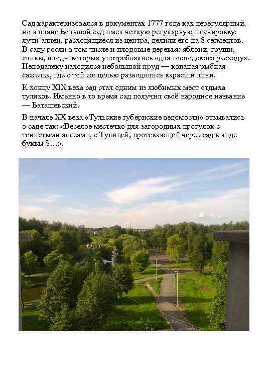 Сад характеризовался в документах 1777 года как нерегулярный, но в плане Большой сад имел