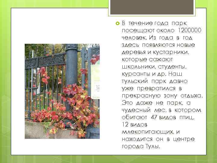  В течение года парк посещают около 1200000 человек. Из года в год здесь