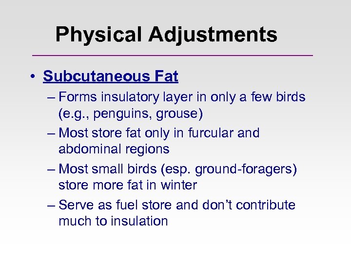 Physical Adjustments • Subcutaneous Fat – Forms insulatory layer in only a few birds