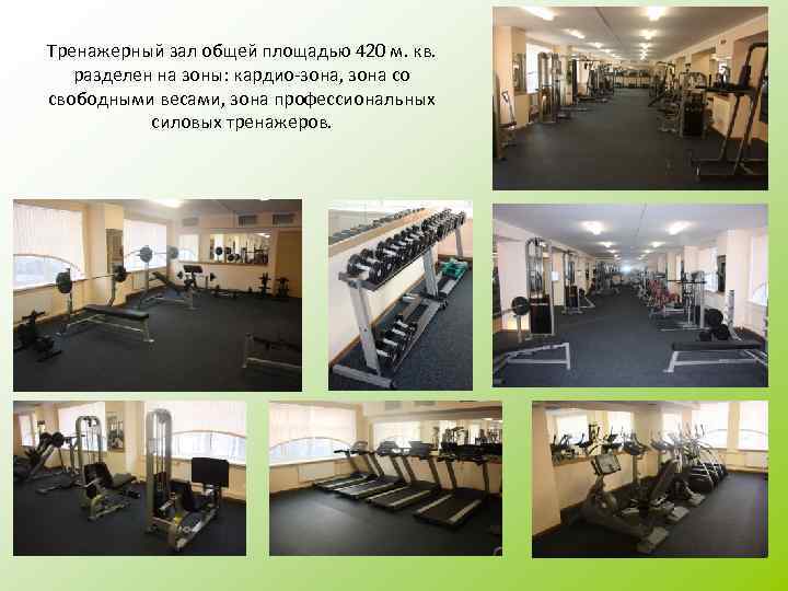 Тренажерный зал общей площадью 420 м. кв. разделен на зоны: кардио-зона, зона со свободными