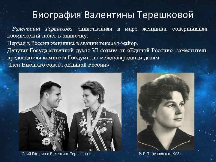 Биография Валентины Терешковой Валентина Терешкова единственная в мире женщина, совершившая космический полёт в одиночку.