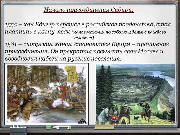 Начало присоединения Сибири: 1555 – хан Едигер перешел в российское подданство, стал платить в