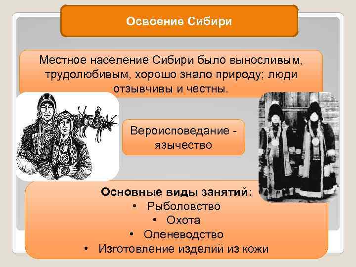 Освоение Сибири Местное население Сибири было выносливым, трудолюбивым, хорошо знало природу; люди отзывчивы и