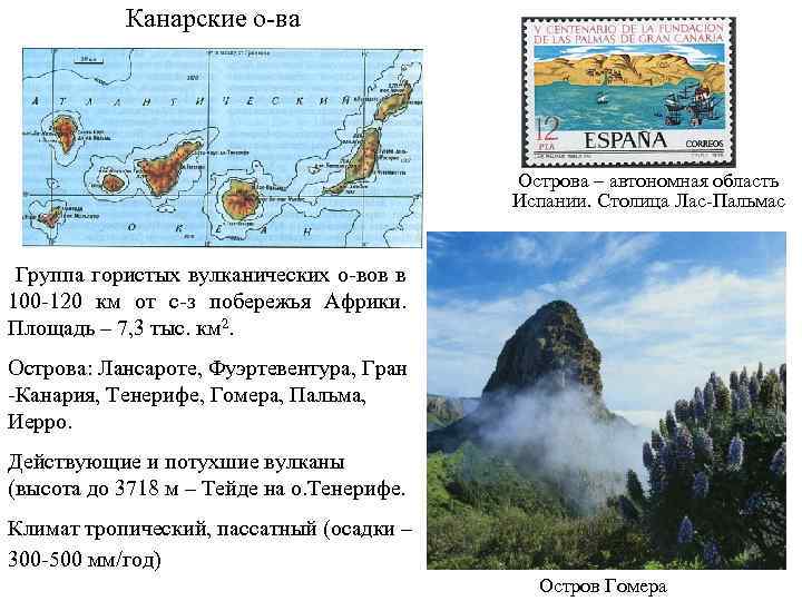 Канарские о-ва Острова – автономная область Испании. Столица Лас-Пальмас Группа гористых вулканических о-вов в