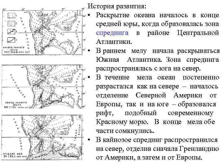 История развития: • Раскрытие океана началось в конце средней юры, когда образовалась зона спрединга
