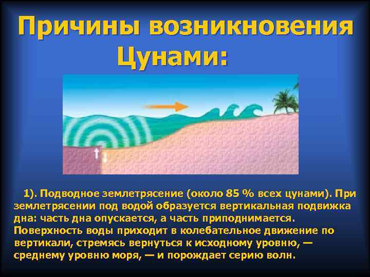 Причины возникновения Цунами: 1). Подводное землетрясение (около 85 % всех цунами). При землетрясении под