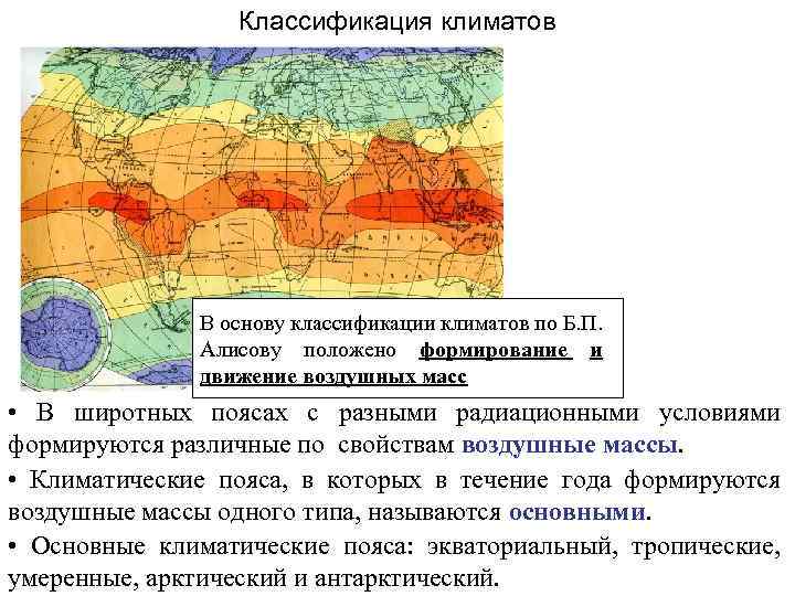 Классификация климатов В основу классификации климатов по Б. П. Алисову положено формирование и движение