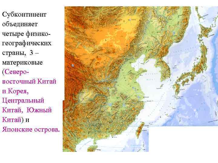 Субконтинент объединяет четыре физикогеографических страны, 3 – материковые (Северовосточный Китай и Корея, Центральный Китай,