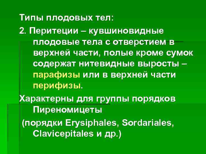 Типы плодовых тел: 2. Перитеции – кувшиновидные плодовые тела с отверстием в верхней части,