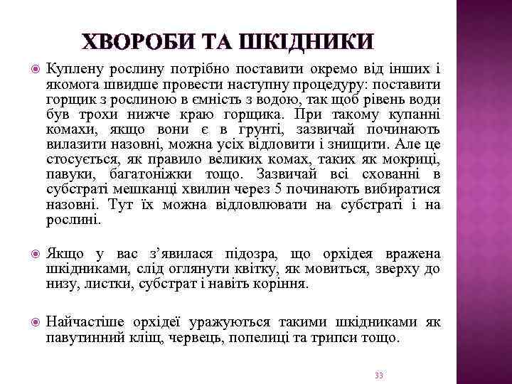 ХВОРОБИ ТА ШКІДНИКИ Куплену рослину потрібно поставити окремо від інших і якомога швидше провести