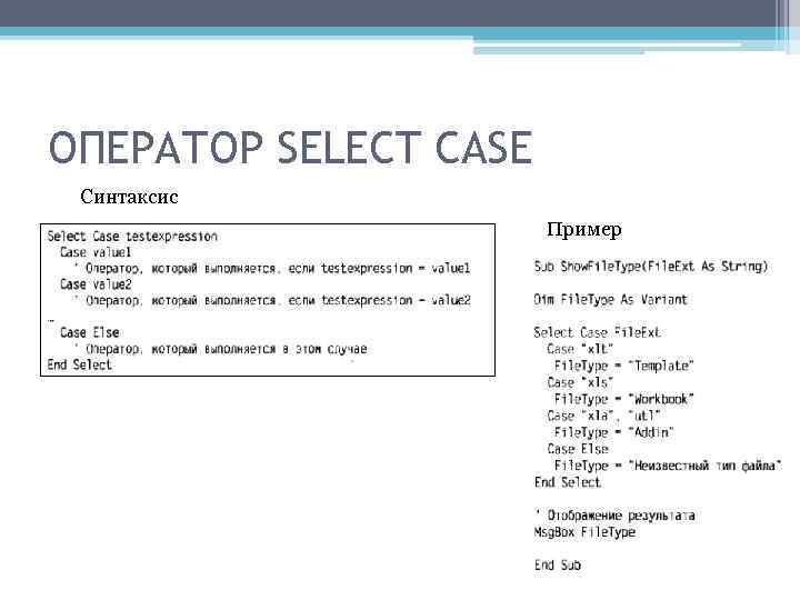 ОПЕРАТОР SELECT CASE Синтаксис Пример 