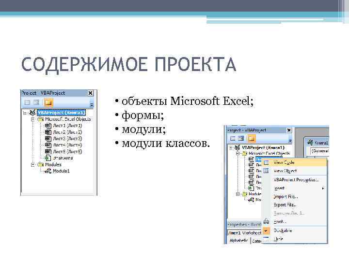 СОДЕРЖИМОЕ ПРОЕКТА • объекты Microsoft Excel; • формы; • модули классов. 