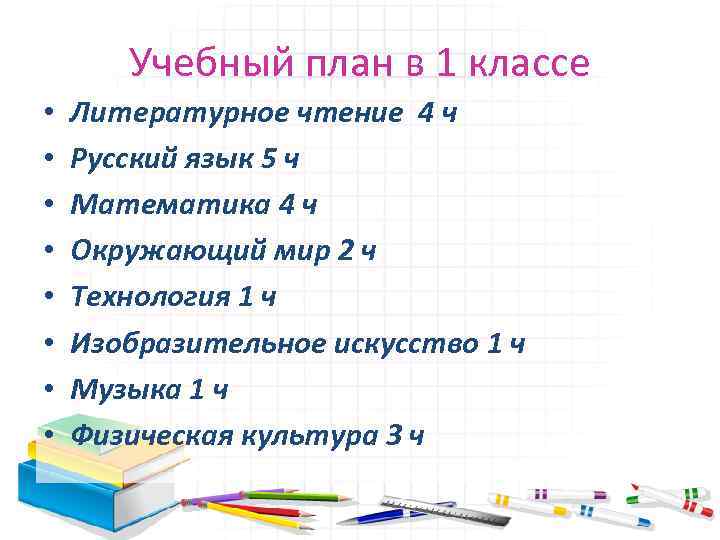 Учебный план в 1 классе • • Литературное чтение 4 ч Русский язык 5