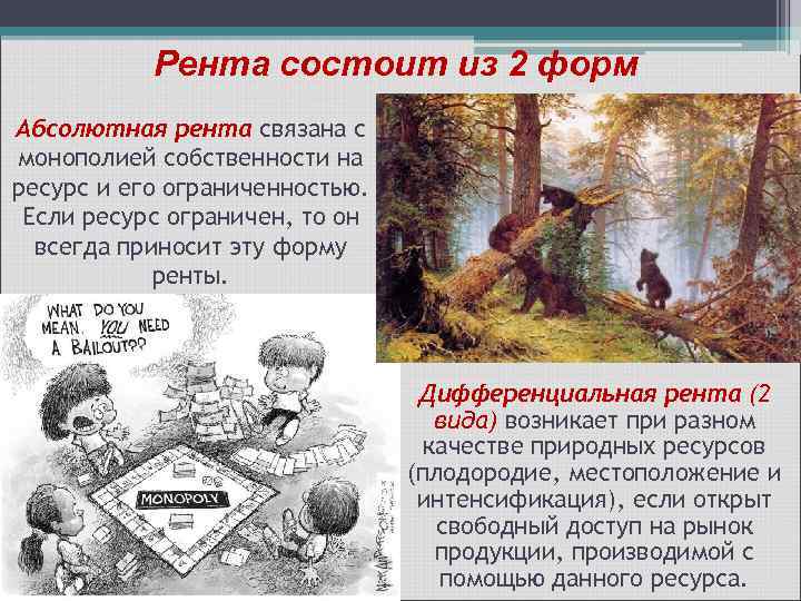Рента состоит из 2 форм Абсолютная рента связана с монополией собственности на ресурс и
