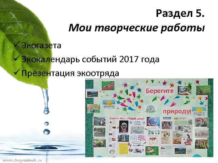 Раздел 5. Мои творческие работы ü Экогазета ü Экокалендарь событий 2017 года ü Презентация